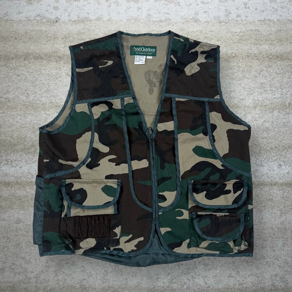 Vintage Hunting Camo Vest Cotton Full Zip Woodland Avid Outdoor 90s